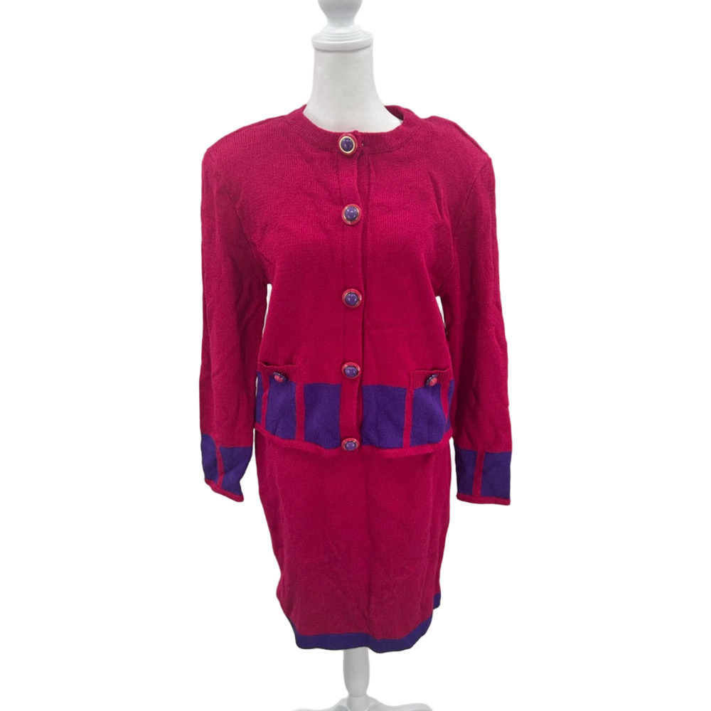 VTG Adrianna Papell Wool Blend Cardigan Skirt Set Vintage Size 12 Geometric 80s